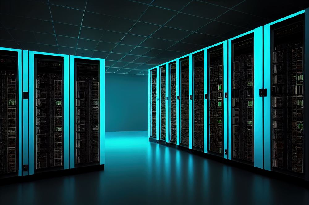Modern data center hall with glowing cyan server cabinets
