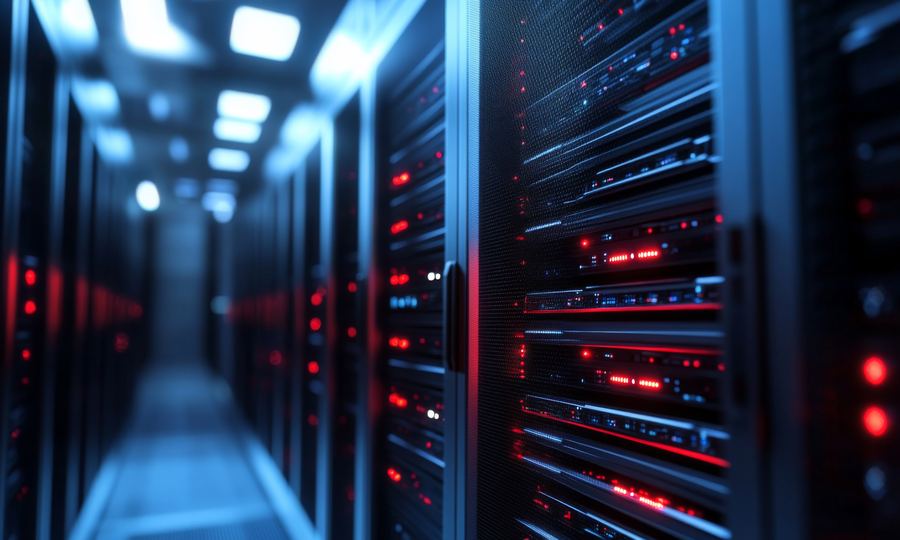 Illuminated data center aisle lined with enterprise servers and networking equipment