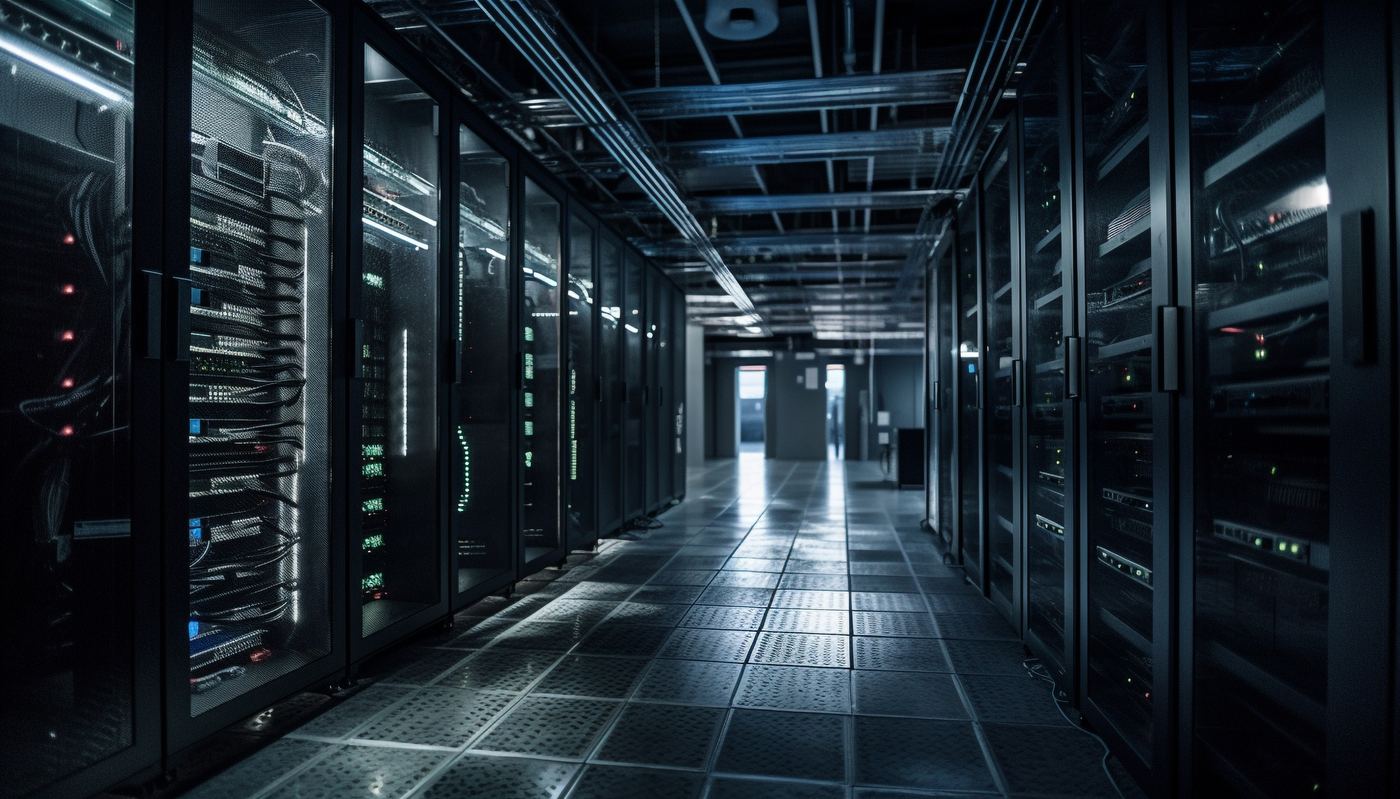 Aisle of enclosed server racks inside a data center