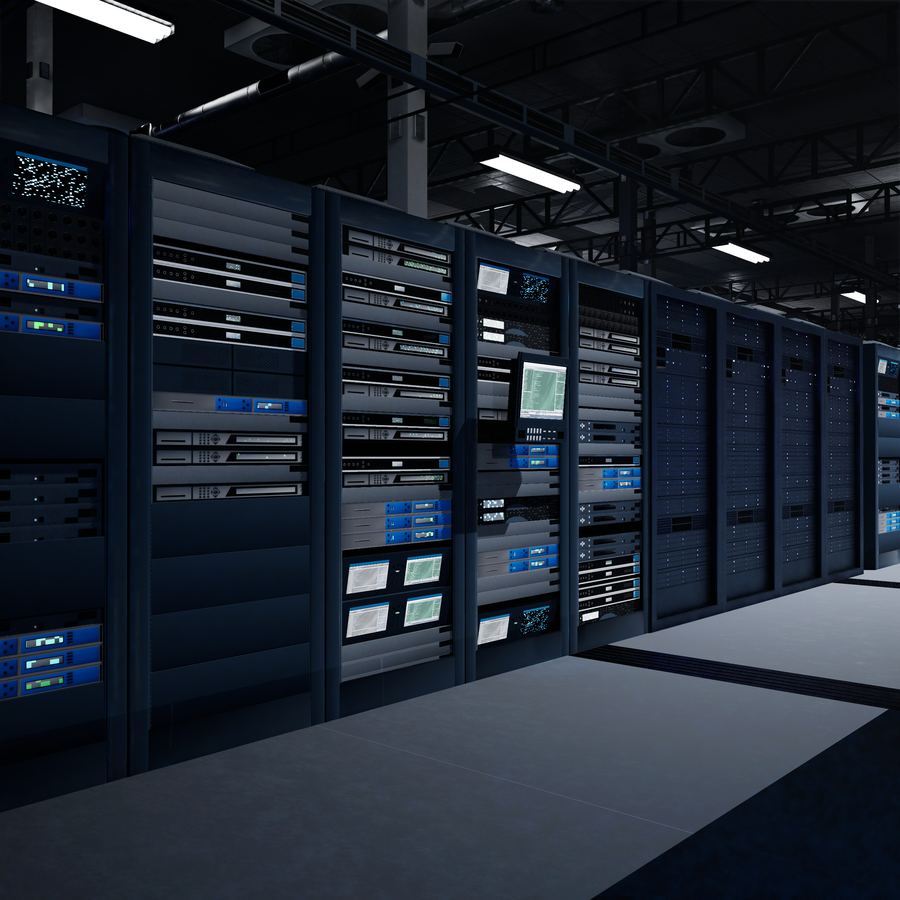 Rows of high-performance computing server racks in a data hall