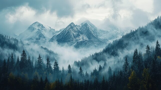Misty forested mountains under cloudy skies